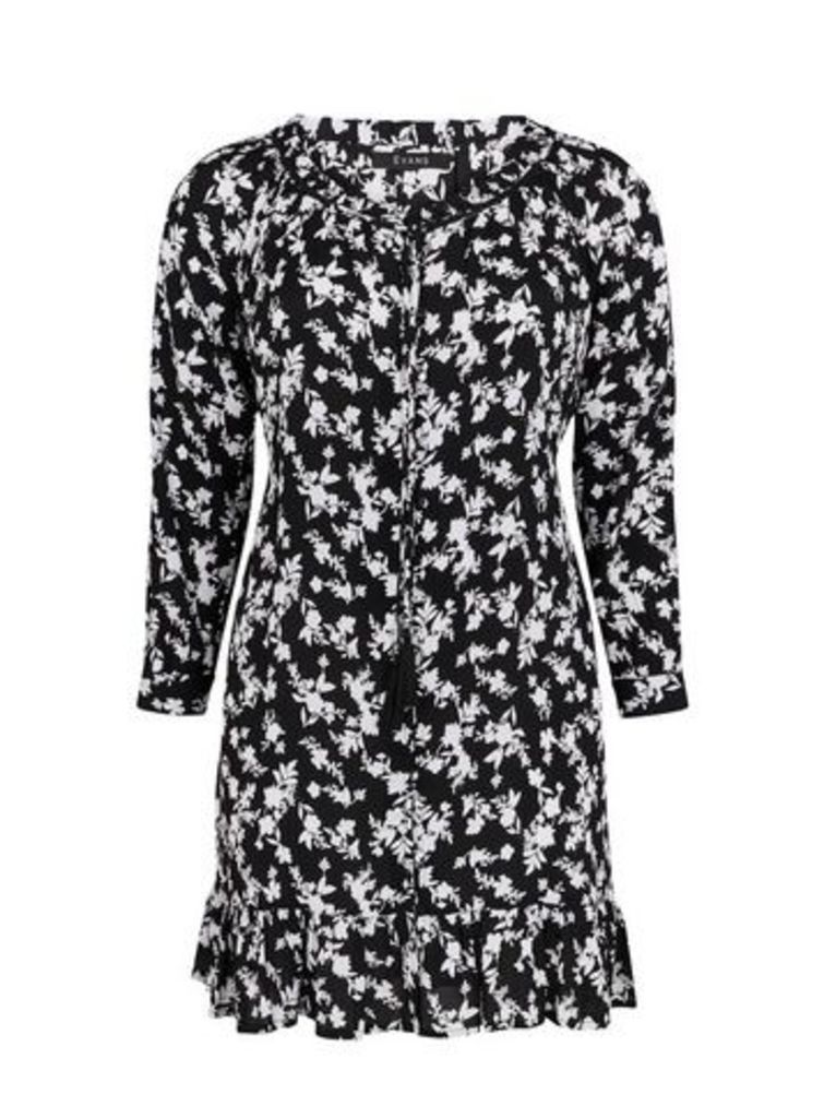 Monochrome Floral Print Tunic Dress, Black