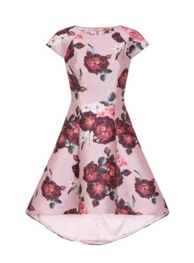 **Chi Chi London Mink Floral Dim Hem Skater Dress, Pink