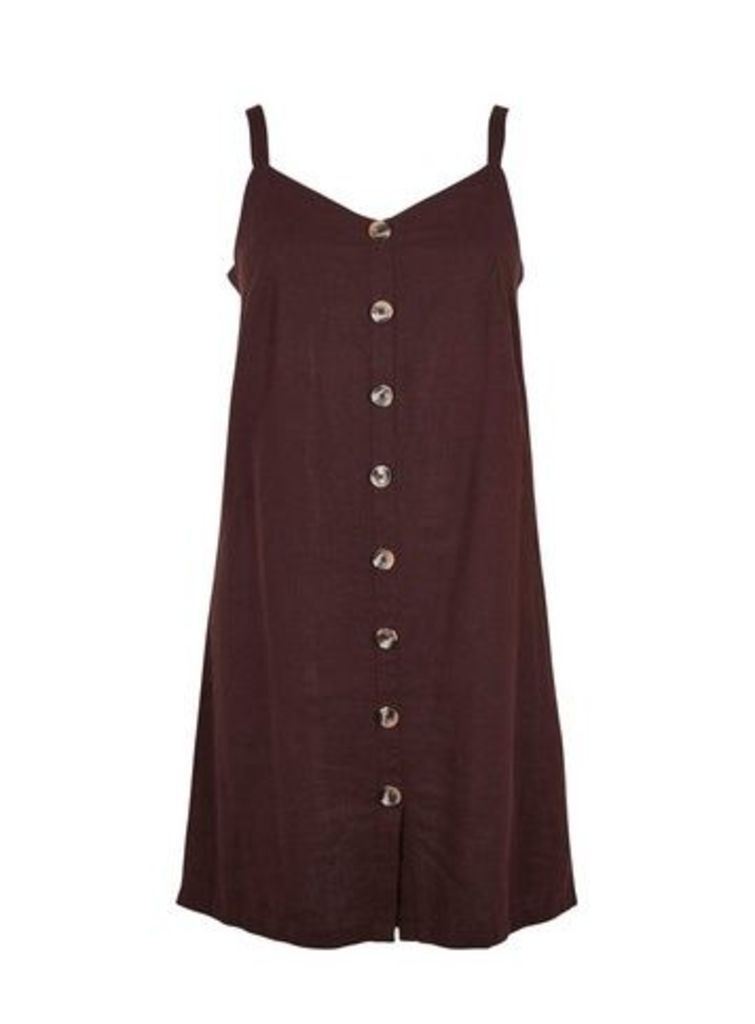 Brown Button Linen Blend Dress, Brown