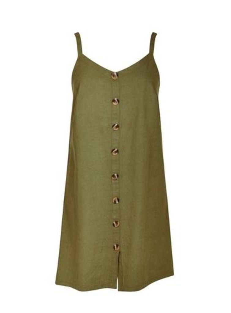 Khaki Linen Blend Button Dress, Green
