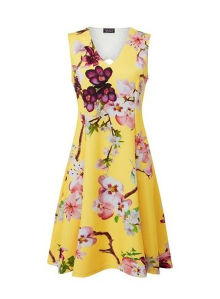 **Grace Yellow Floral Scuba Skater Dress, Pale Yellow