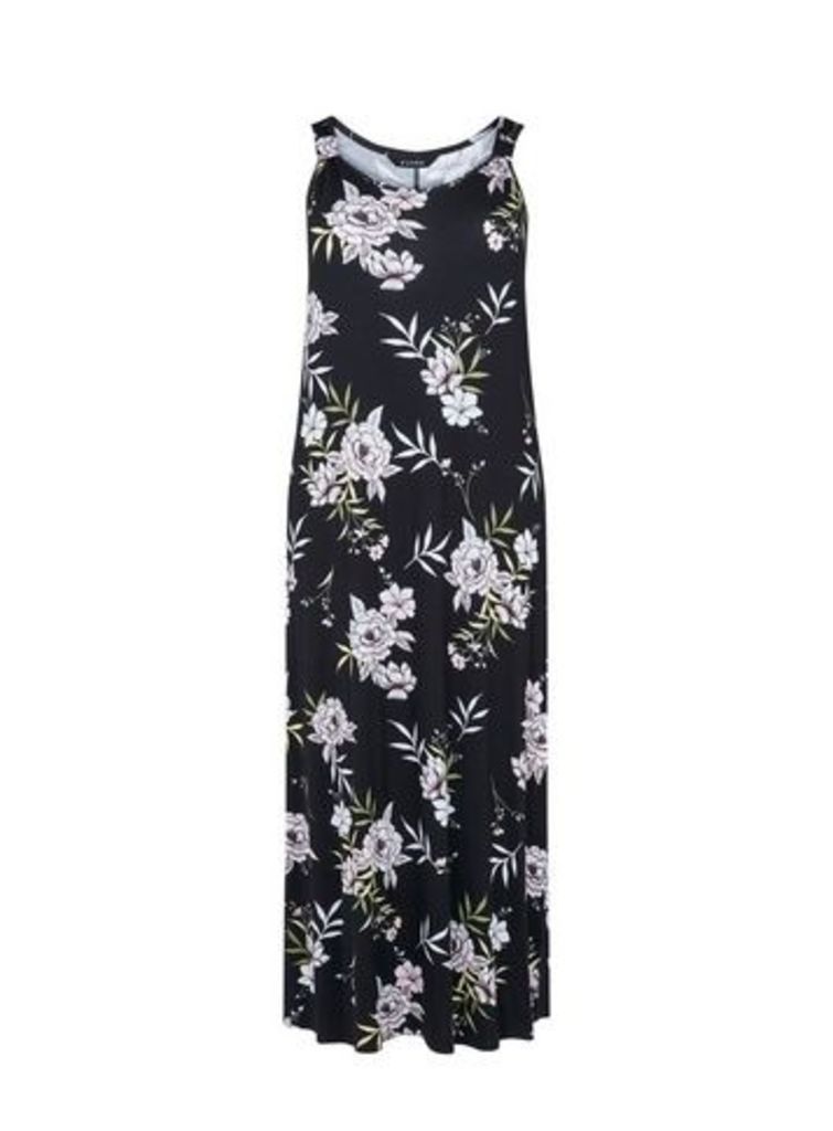 Black Floral Print Maxi Dress, Dark Multi