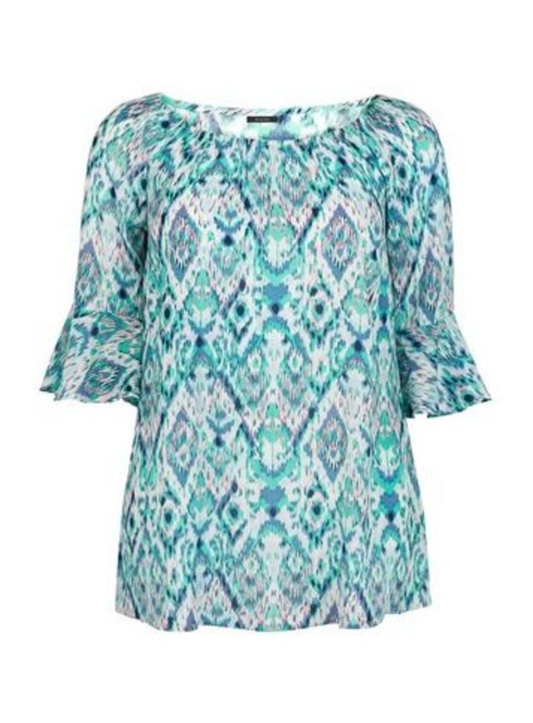 Turquoise Aztec Printed Gypsy Top, Light Blue