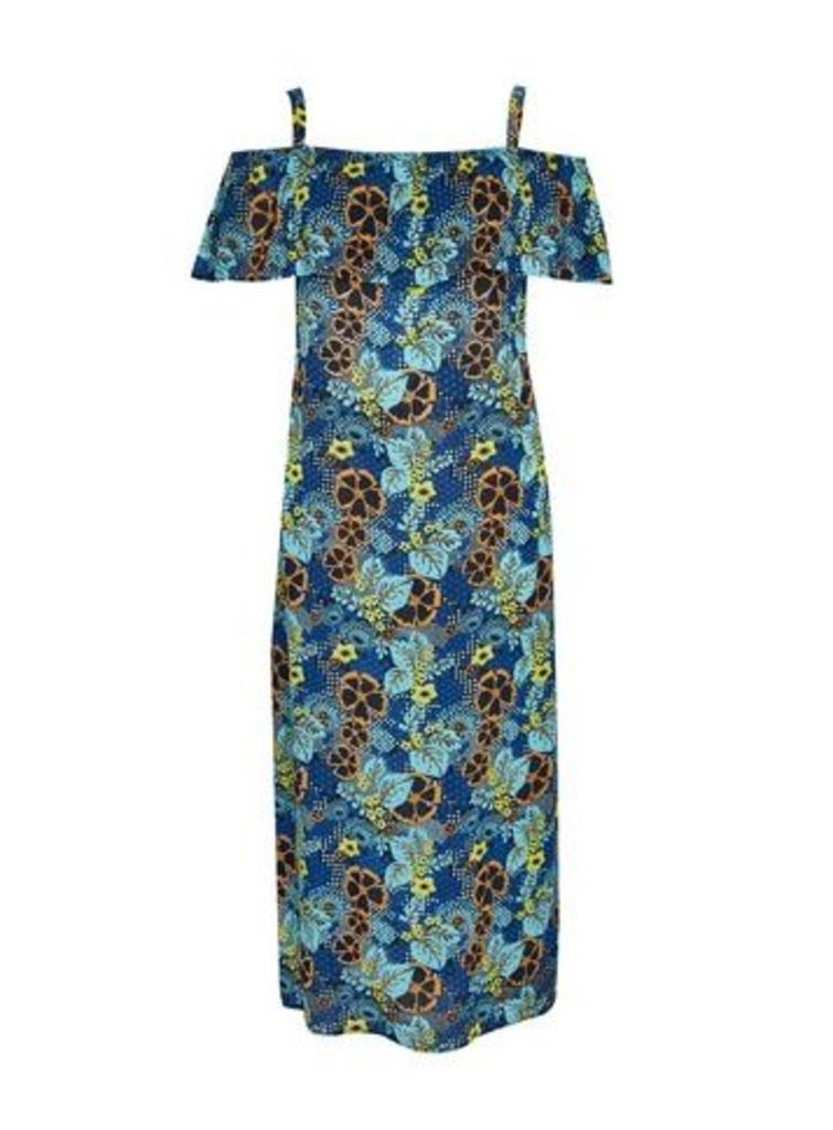 Blue Floral Print Cold Shoulder Maxi Dress, Dark Multi