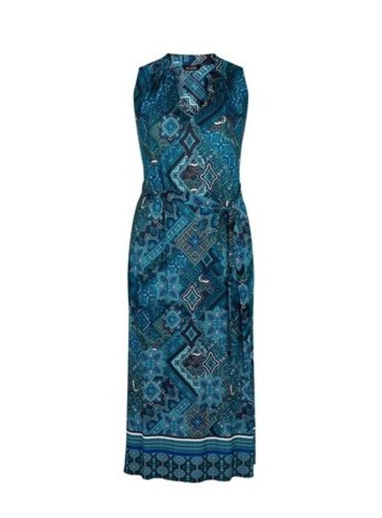 Navy Blue Tile Print Maxi Dress, Blue