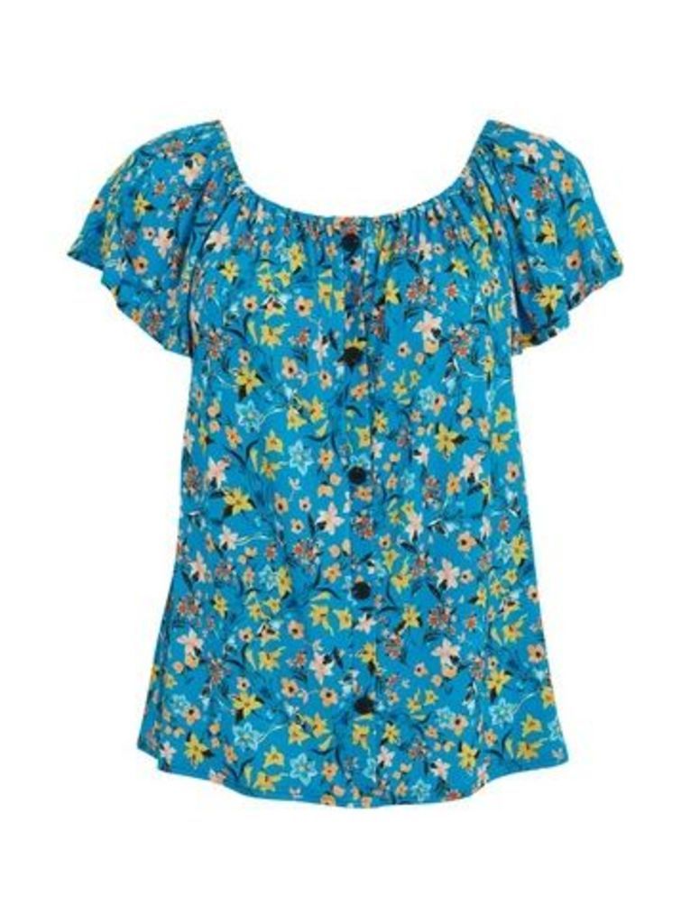 Turquoise Floral Print Button Detail Gypsy Top, Turquoise