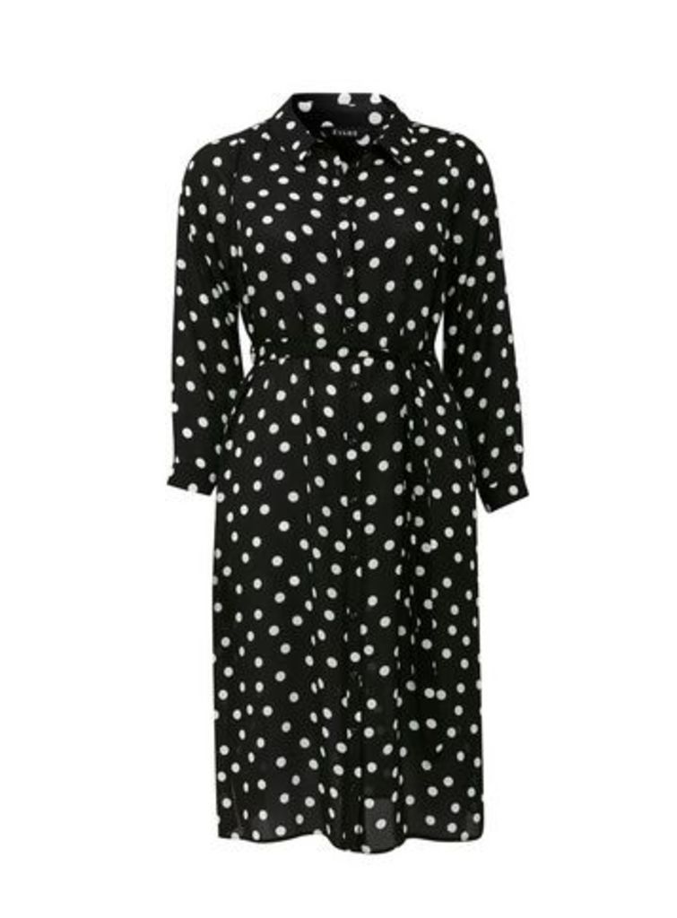 Black Polka Dot Print Shirt Dress, Black/White
