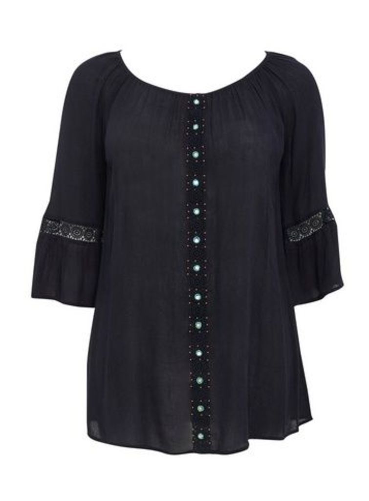 Navy Blue Lace Detail Gypsy Top, Navy