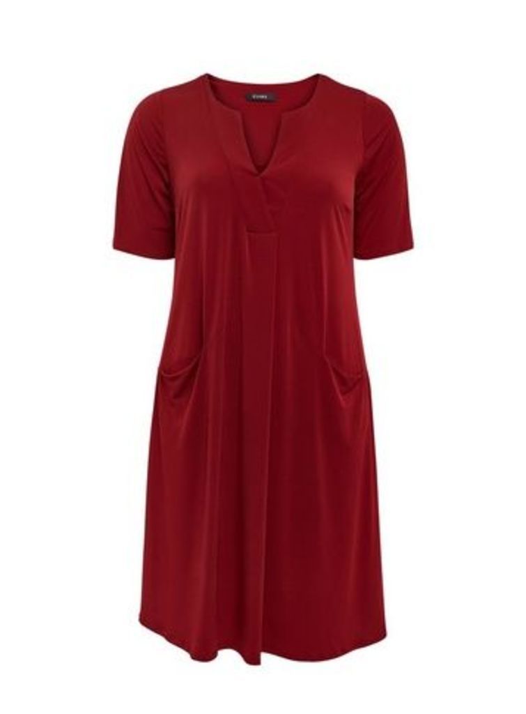 Red V-Neck Pocket Dress, Burgundy