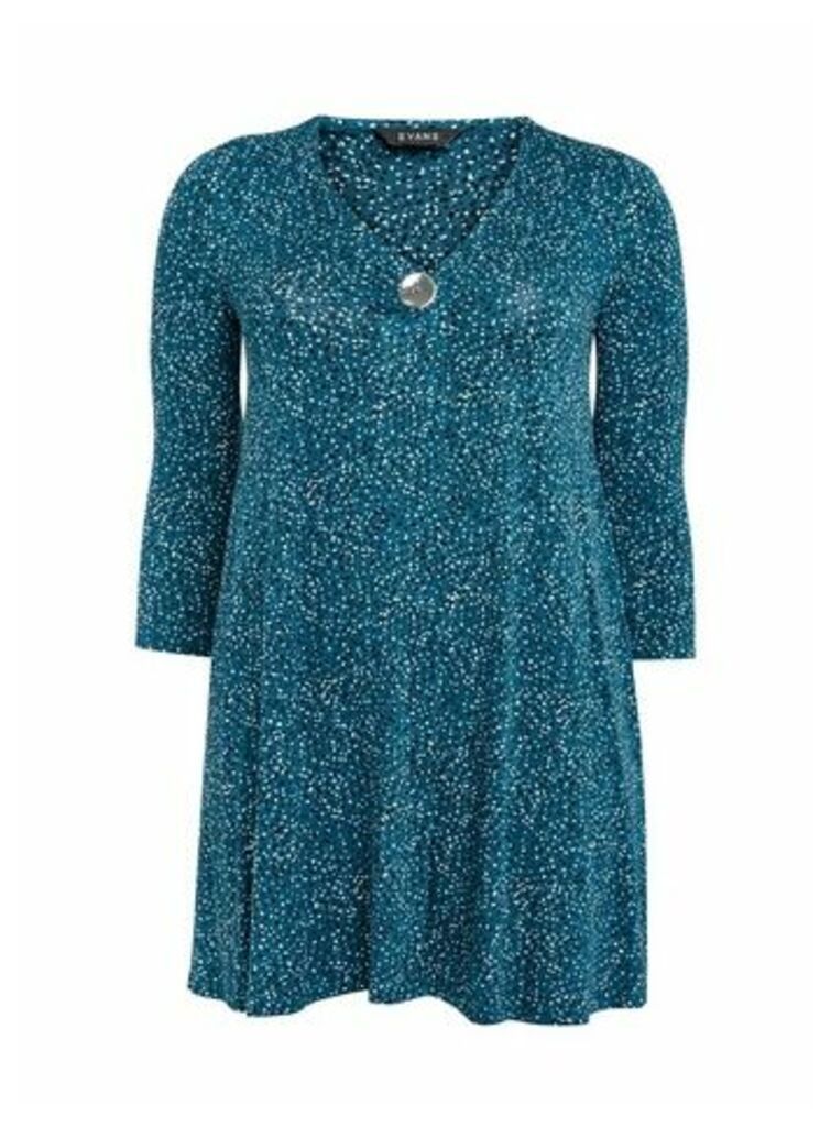 Teal Blue Polka Dot Buttoned Tunic Top, Teal
