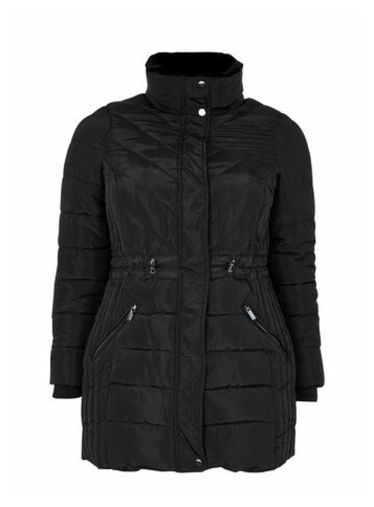 Black Faux Fur Collar Padded Coat, Black