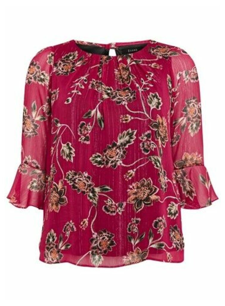 Red Floral Print Frill Sleeve Top, Berry