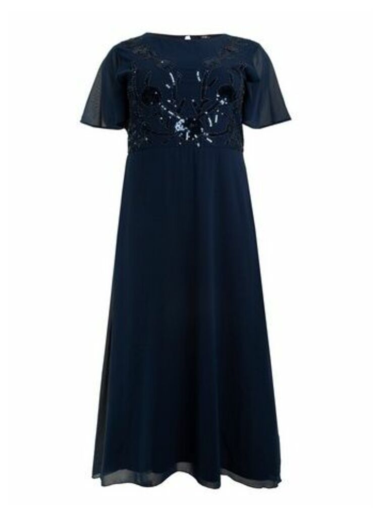 **Aarya Navy Blue Flute Sleeve Sequin Maxi Dress, Navy