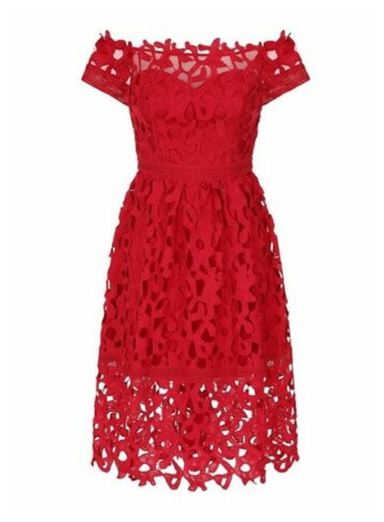 **Chi Chi London Red Bardot Crochet Midi Dress, Red