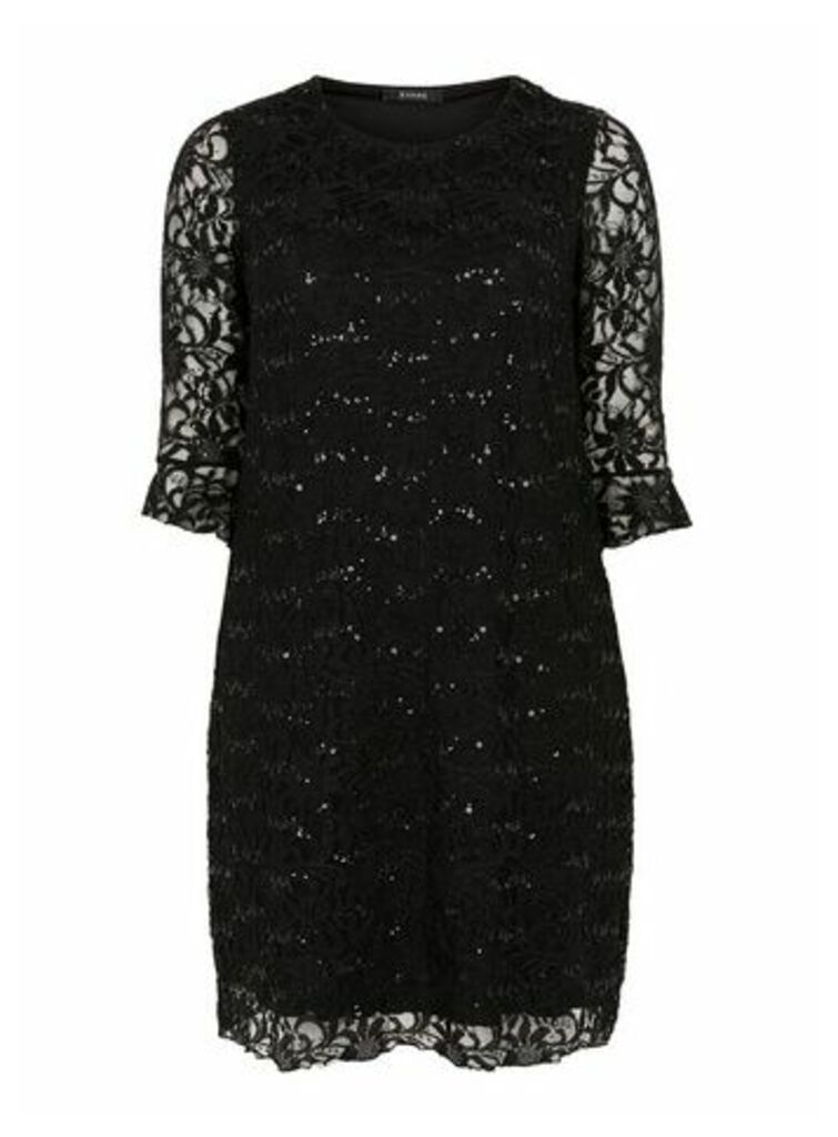 Black Sequin Frill Lace Dress, Black
