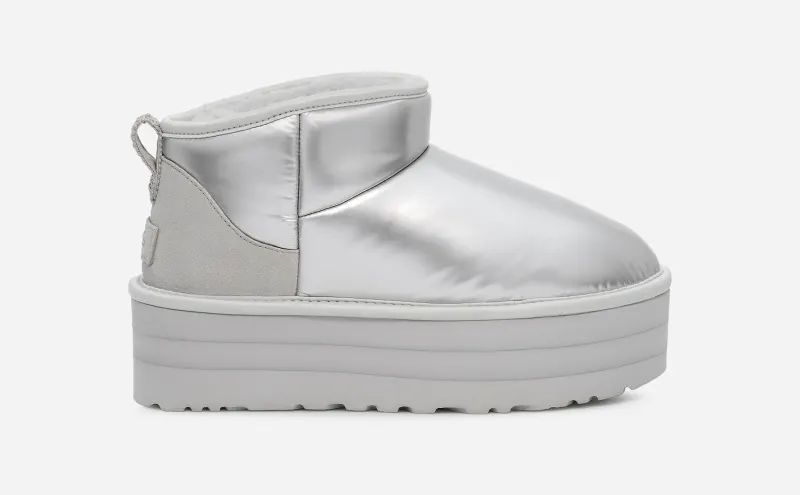 UGG® Ultra Mini Platform Hi Shine Boot in Grey, Size 6, Leather