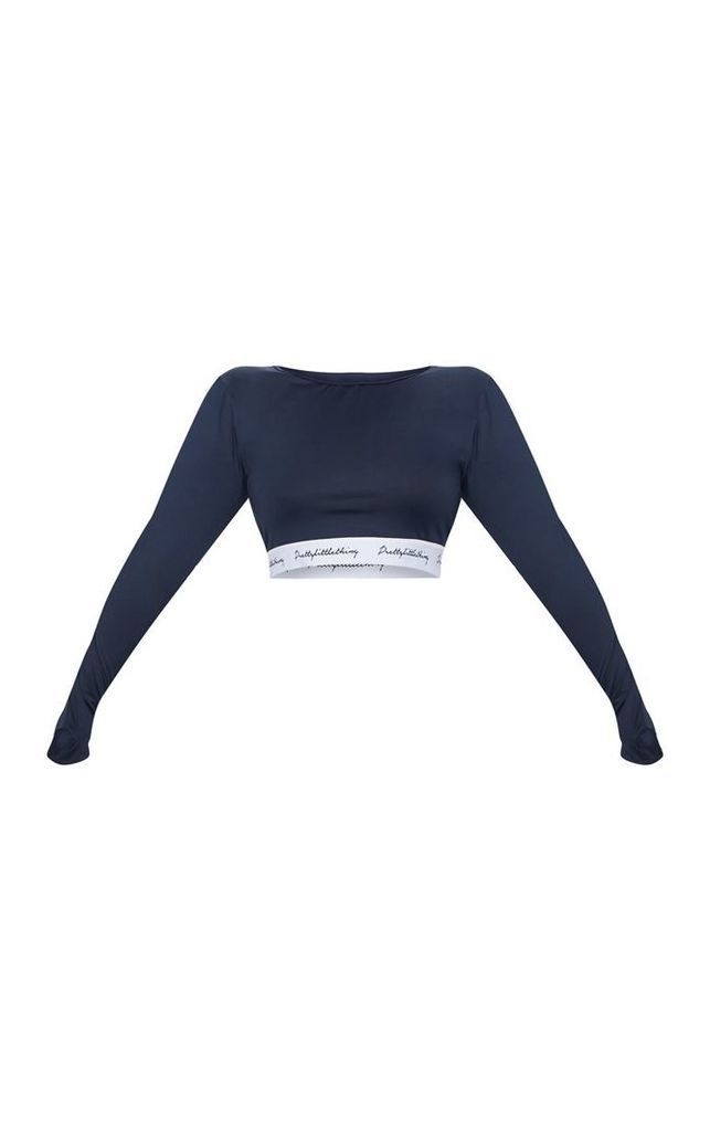 PRETTYLITTLETHING Plus Navy Band Long Sleeve Crop Top, Blue