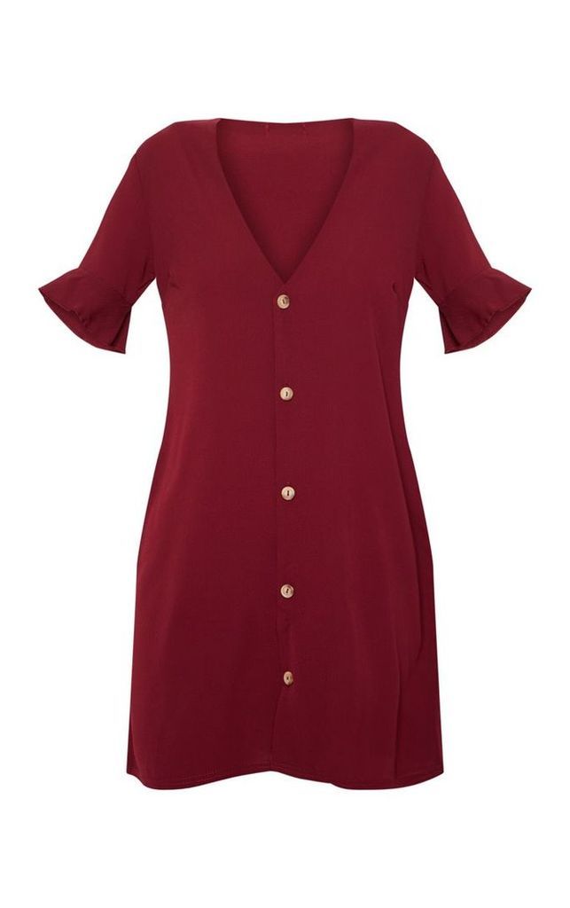 Burgundy Oversized Button Front Shirt Dress, Red