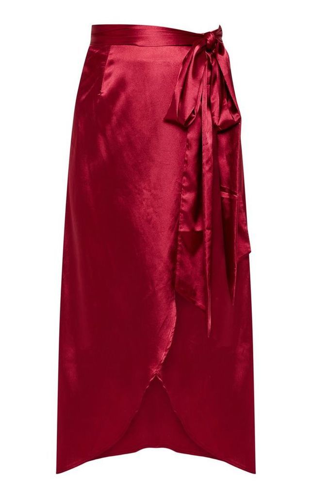 Petite Burgundy Satin Wrap Midi Skirt, Red