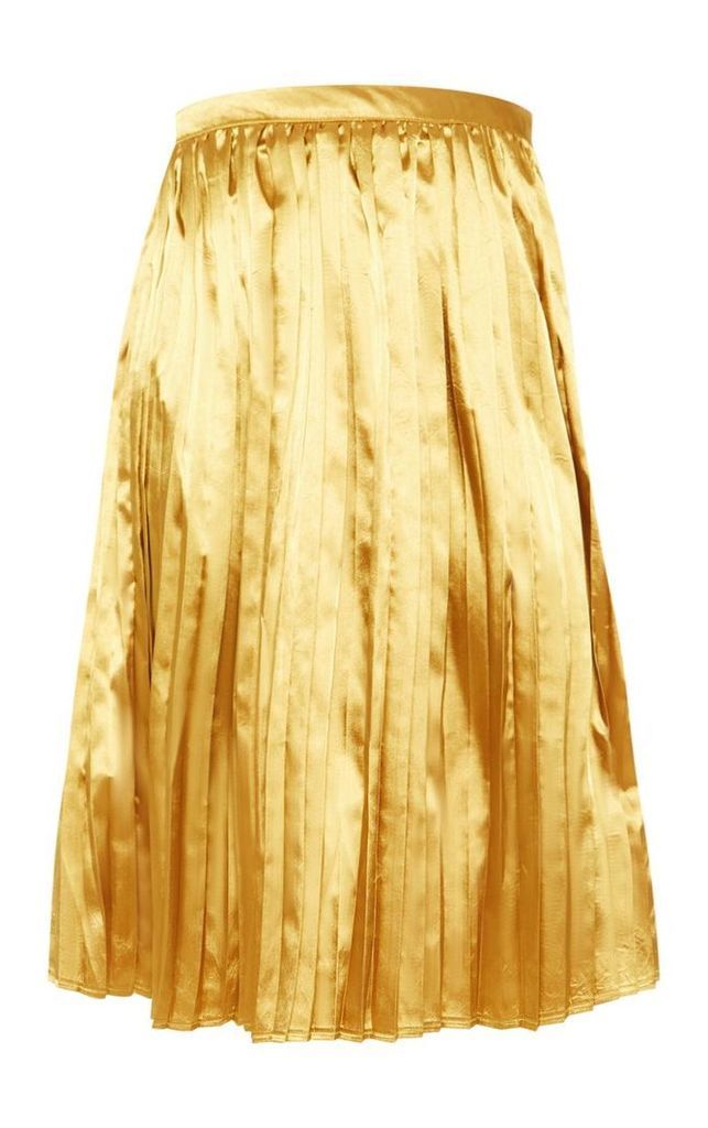 Tall Chartreuse Satin Pleated Midi Skirt, Yellow