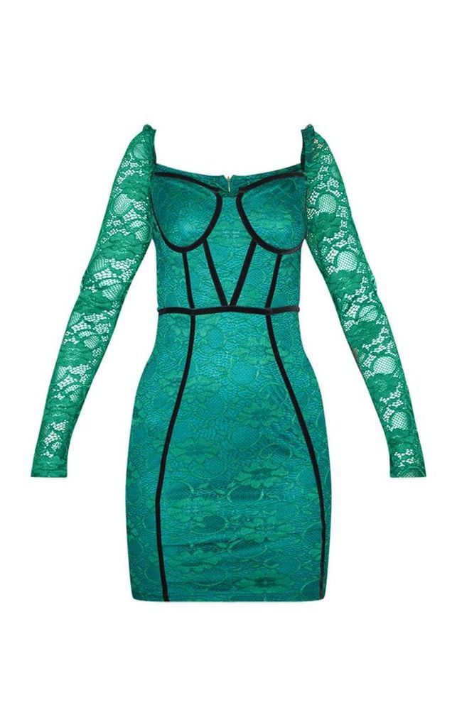 Green Lace Binding Bodycon Dress, Green