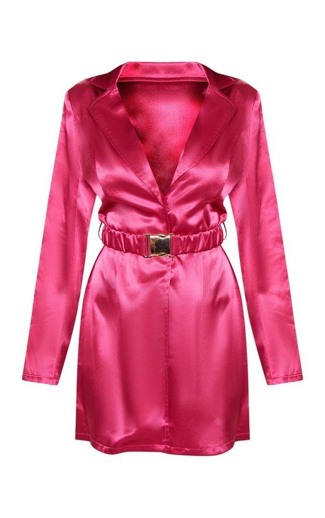 Hot Pink Satin Belted Blazer Dress, Hot Pink