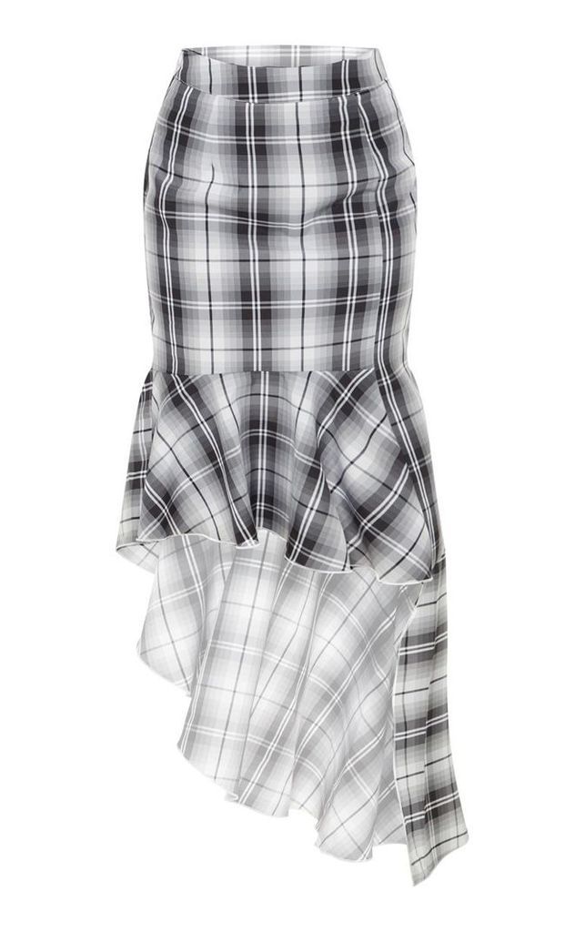 Petite Grey Check Frill Hem Midi Skirt, Grey