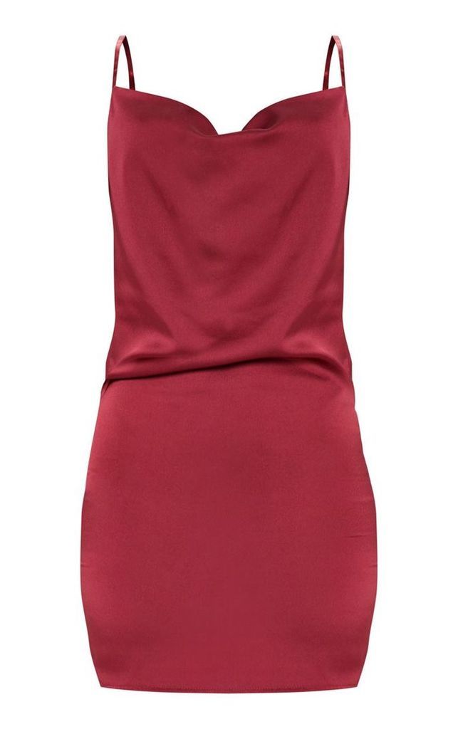 Burgundy Cowl Satin Bodycon Dress, Red
