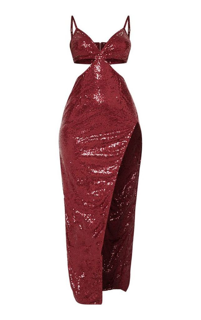 Burgundy Sequin Disc Cut Out Maxi Dress, Red