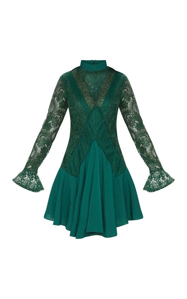 Emerald Green Lace Panel Choker Detail Frill Hem Shift Dress, Emerald Green