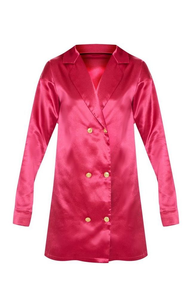 Fuchsia Satin Button Blazer Dress, Pink