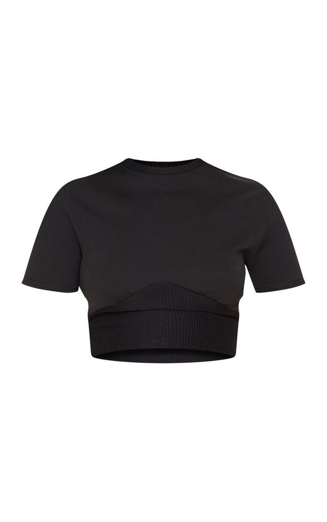 Black Contrast Rib Underboob Short Sleeve Crop Top, Black
