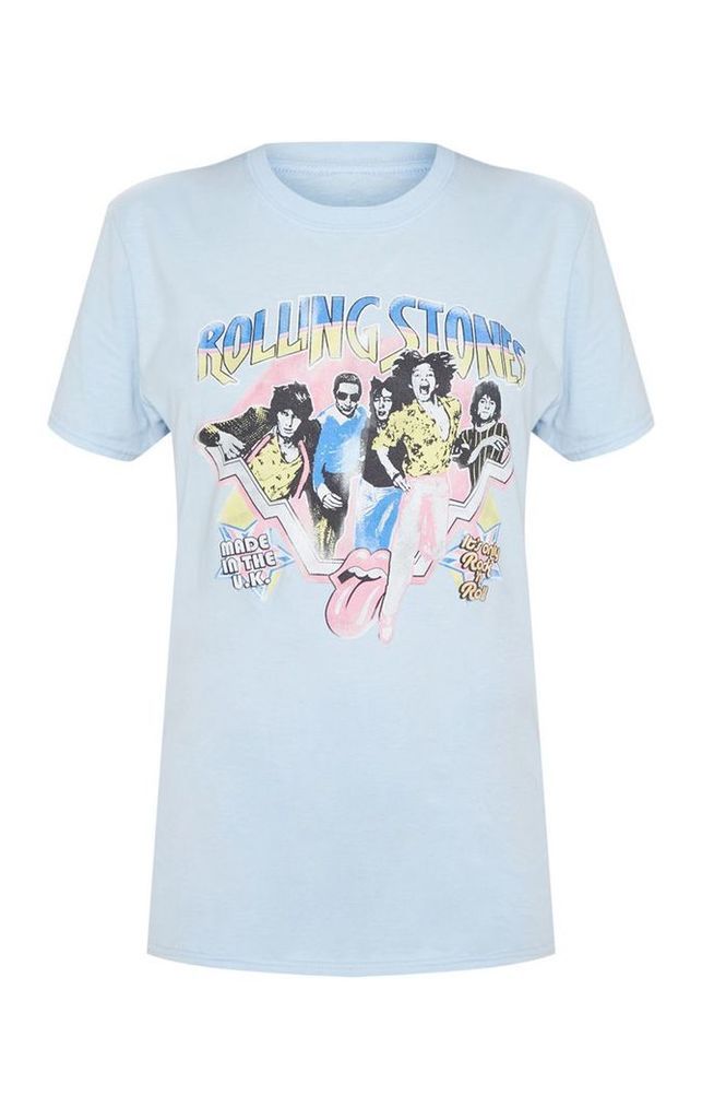 Light Blue Rolling Stones Print Oversized T shirt, Light Blue
