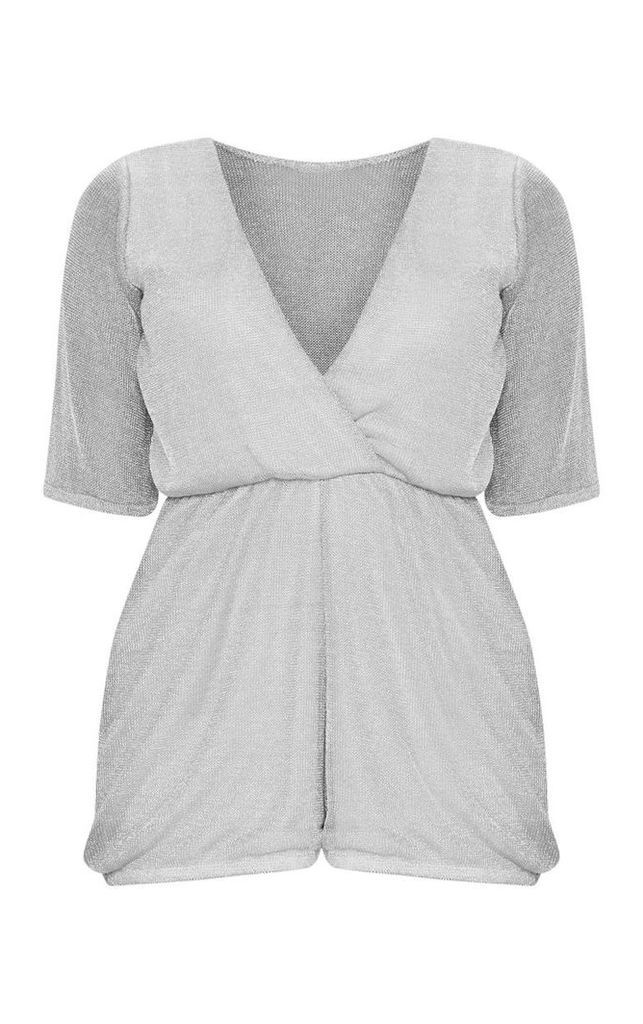Petite Silver Knitted Wrap Front Playsuit, Grey