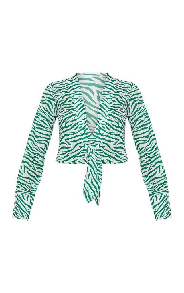 Green Zebra Printed Plunge Tie Front Top, Green