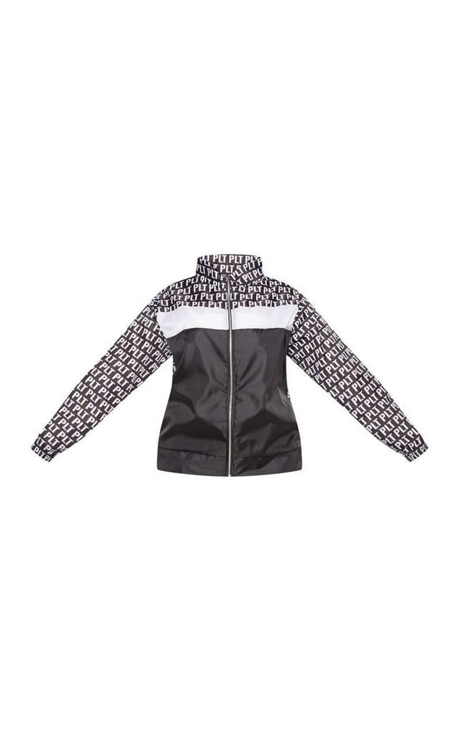 PRETTYLITTLETHING Plus Black Mono Printed Panel Shell Suit Jacket, Black