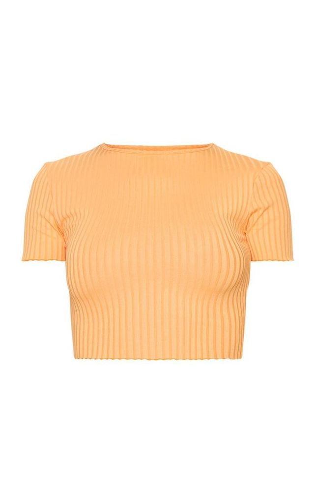 Tangerine Rib Frill Detail Crop T Shirt, Tangerine