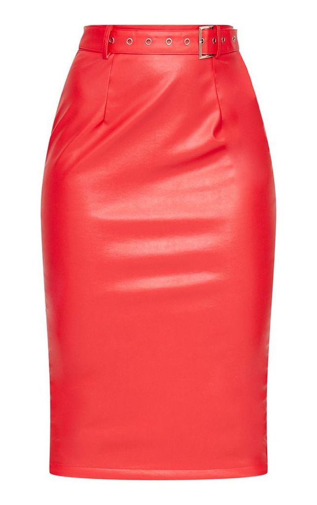 Red Faux Leather Belt Midi Skirt, Red