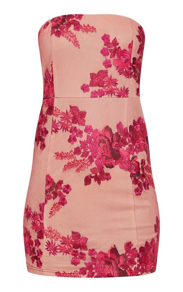 Pink Bandeau Embroidered Lace Bodycon Dress, Pink