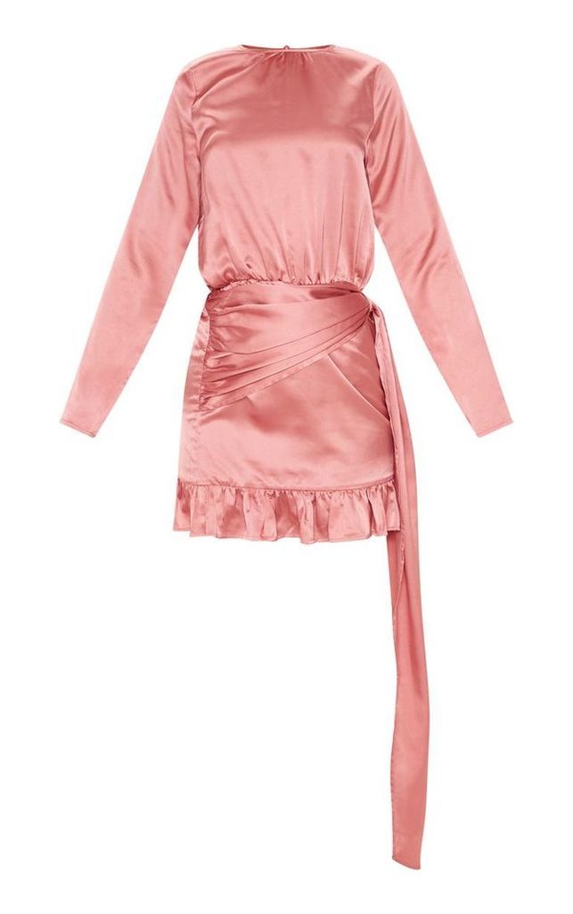 Rose Satin Drape Frill Hem Bodycon Dress, Pink