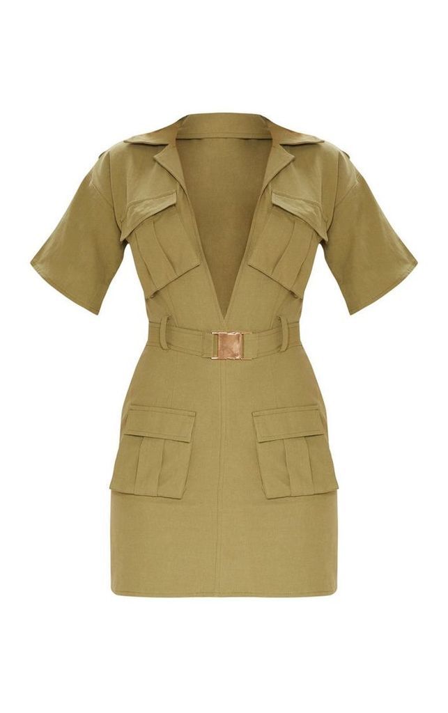 Khaki Cargo Utility Gold Buckle Pocket Detail Bodycon Dress, Green
