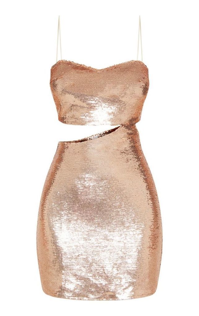 Rose Gold Sequin Strappy Cut Out Bodycon Dress, Yellow