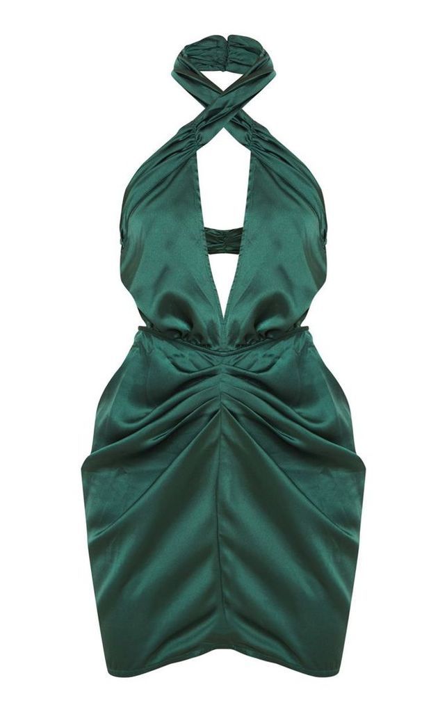 Emerald Green Satin Halter Neck Ruched Bodycon Dress, Emerald Green