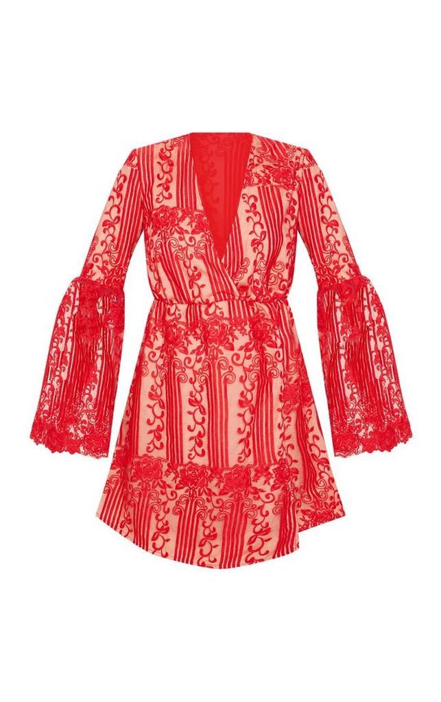 Red Lace Flared Sleeve Wrap Skater Dress, Red