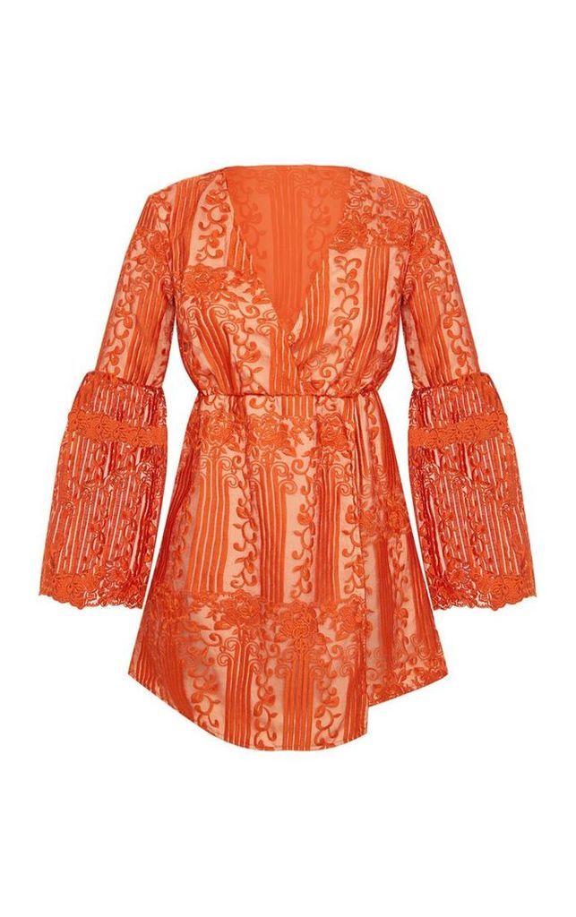 Rust Lace Flared Sleeve Wrap Skater Dress, Orange