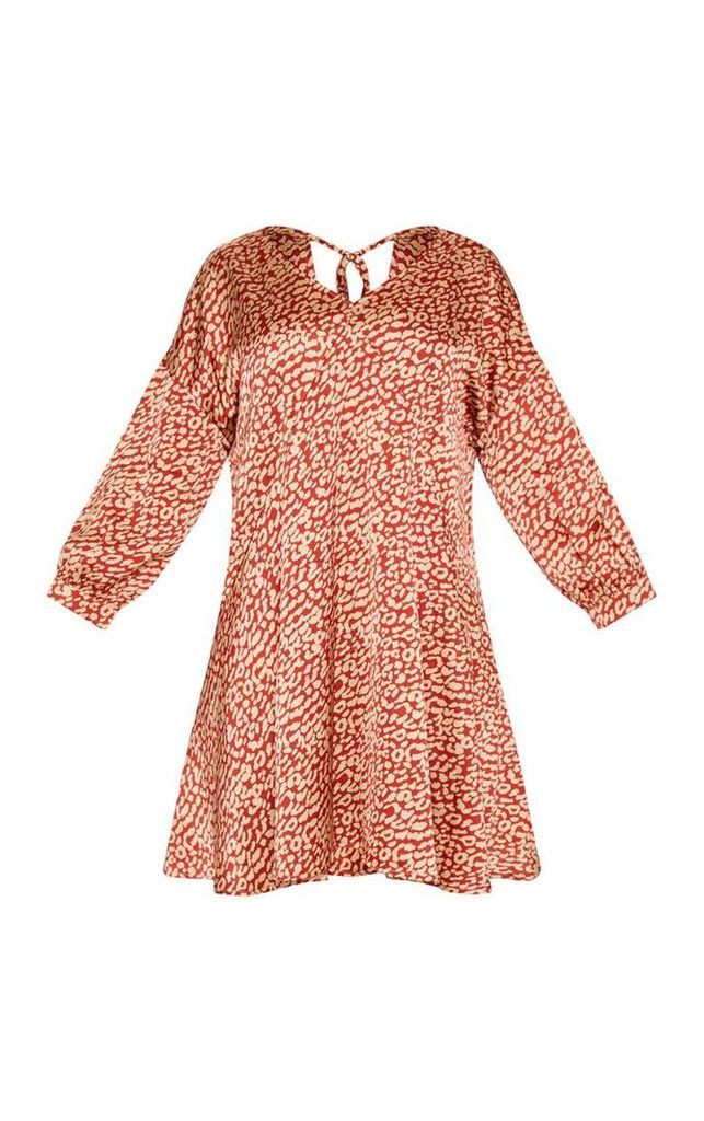 Plus Red Leopard Print Long Sleeve Shift Dress, Red