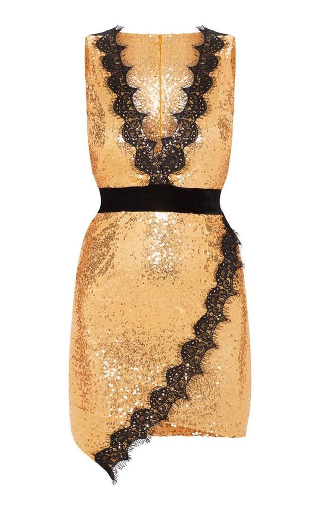 Gold Sequin Lace Insert Bodycon Dress, Yellow