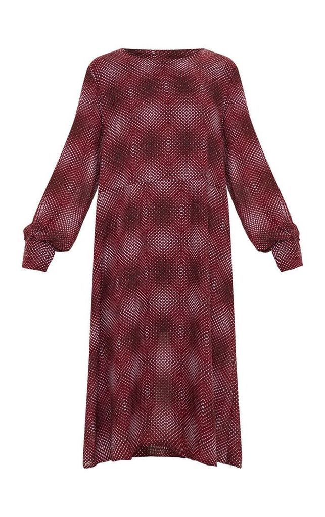Burgundy Geometric Printed Midi Shift Dress, Red