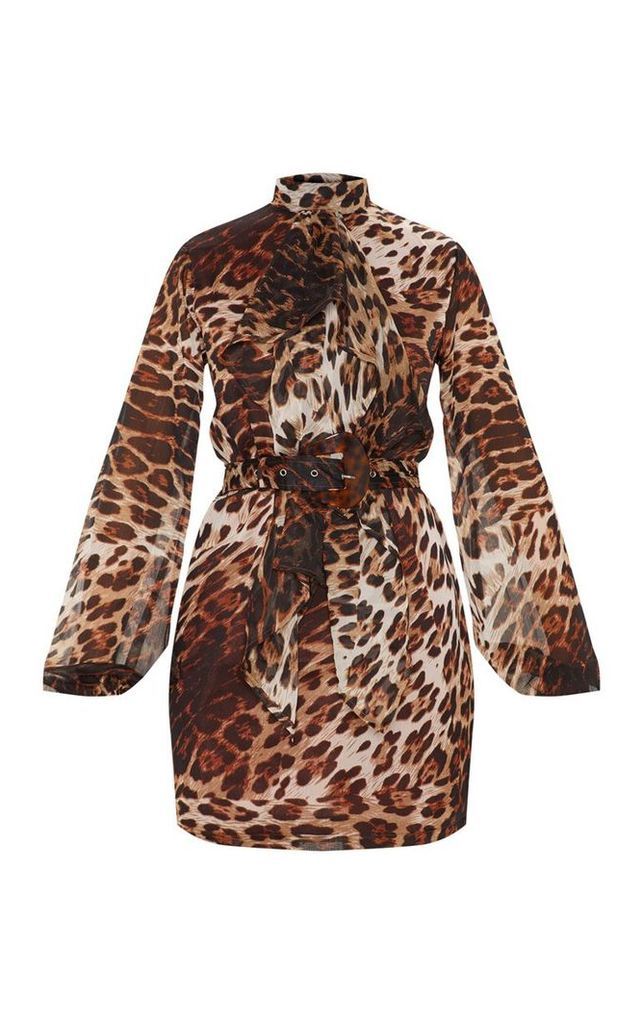 Tan Leopard Print Chiffon Tortoise Belt Shift Dress, Brown