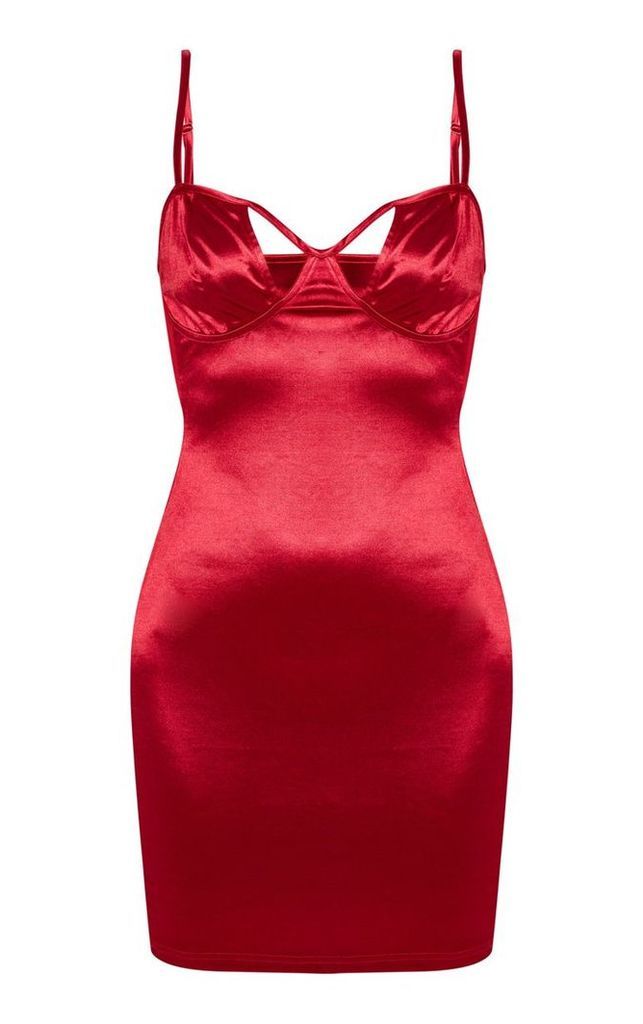 Deep Red Satin Mesh Insert Cup Detail Bodycon Dress, Red